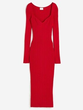 H&M Ribbed Knit Sweetheart Neck Midi Dress XL Bodycon Long Sleeve